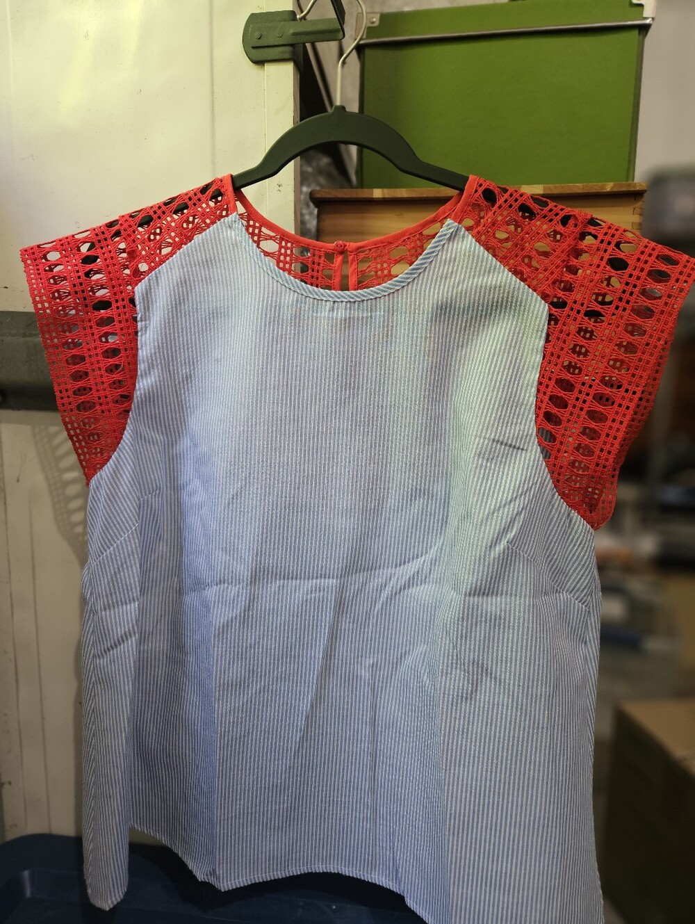 Maeve Blue Pinstripe Top with Red Crochet Sleeves